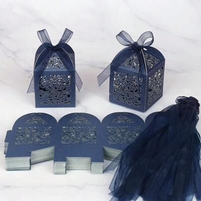 Hộp quà cắt laser 50 cái/bộ cho đám cưới, hộp đựng kẹo có ruy băng và thẻ, hộp quà dự tiệc, tiệc mừng em bé chào đời, tiệc mừng cô dâu, hộp đóng gói, vật dụng trang trí đám cưới (xanh navy) ngày lễ tình nhân