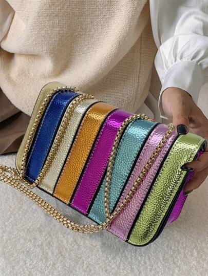 Bolso cuadrado pequeño con patrón de litchi metálico y diseño de arcoíris, bolso de cadena de hombro y cruzado versátil y personalizado para mujer, bolso funky, punk y para uso diario, bolso arcoíris