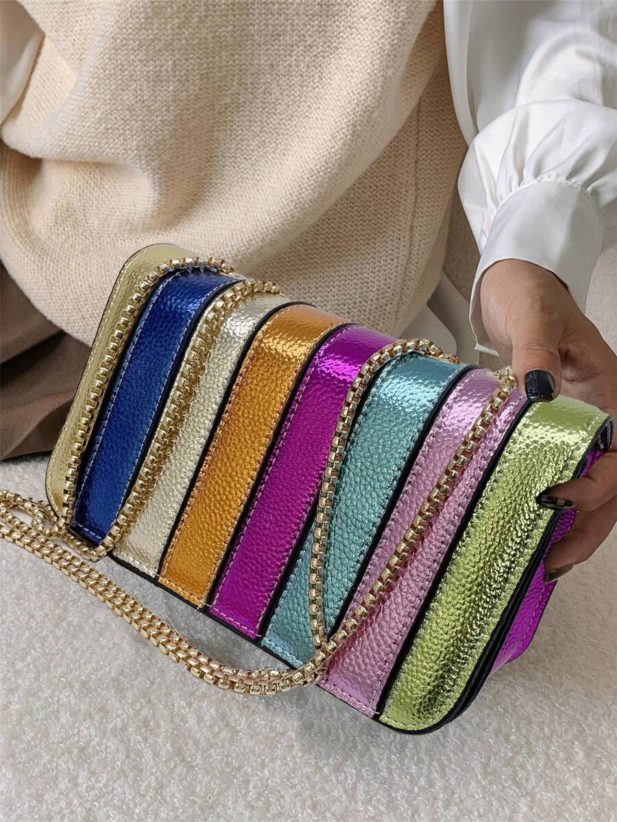 Metallic Litchi Patterned Simple Rainbow Splicing Small Square Bag, Fashionable Personalized Versatile Chain Shoulder & Crossbody Bag For Women, Funky, Punk & Bag For Street Wear, Rainbow Bag