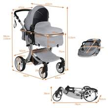 Baby Pushchair, Foldable Infant Stroller With Rain Cover, Mosquito Net, Carry Bag, Adjustable Backrest/Handle/Canopy, Convertible Buggy Pram For 0-3 Years - Grey - View 2