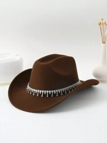 1pc Ladies' Solid Color Reflective & Colorful Rhinestone Decor Tassel Wide Brim Hat Suitable For Daily Wear, Music Festival, Dance Party, And Western Cowboy Theme Party Cowboy Hat Cowgirl Hat Halloween - Yiziding - View 12