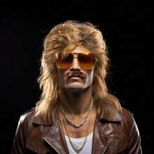 80、90年代复古鲻鱼头假发，男士金色耐热合成假发，含太阳镜、项链、头巾等配件，适合狂欢节、派对、日常派对、摇滚、重金属等80年代风格。 - 金色 - 查看 5