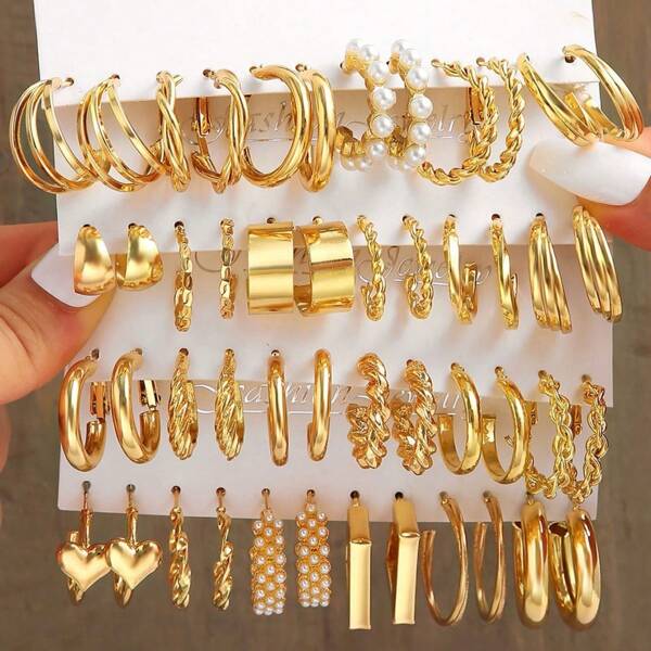 48pcs Women's Fashionable Minimalistic Ins-Style Metallic Hoop Earrings Set Including Square, Geometric, Heart, And Pearl Designs