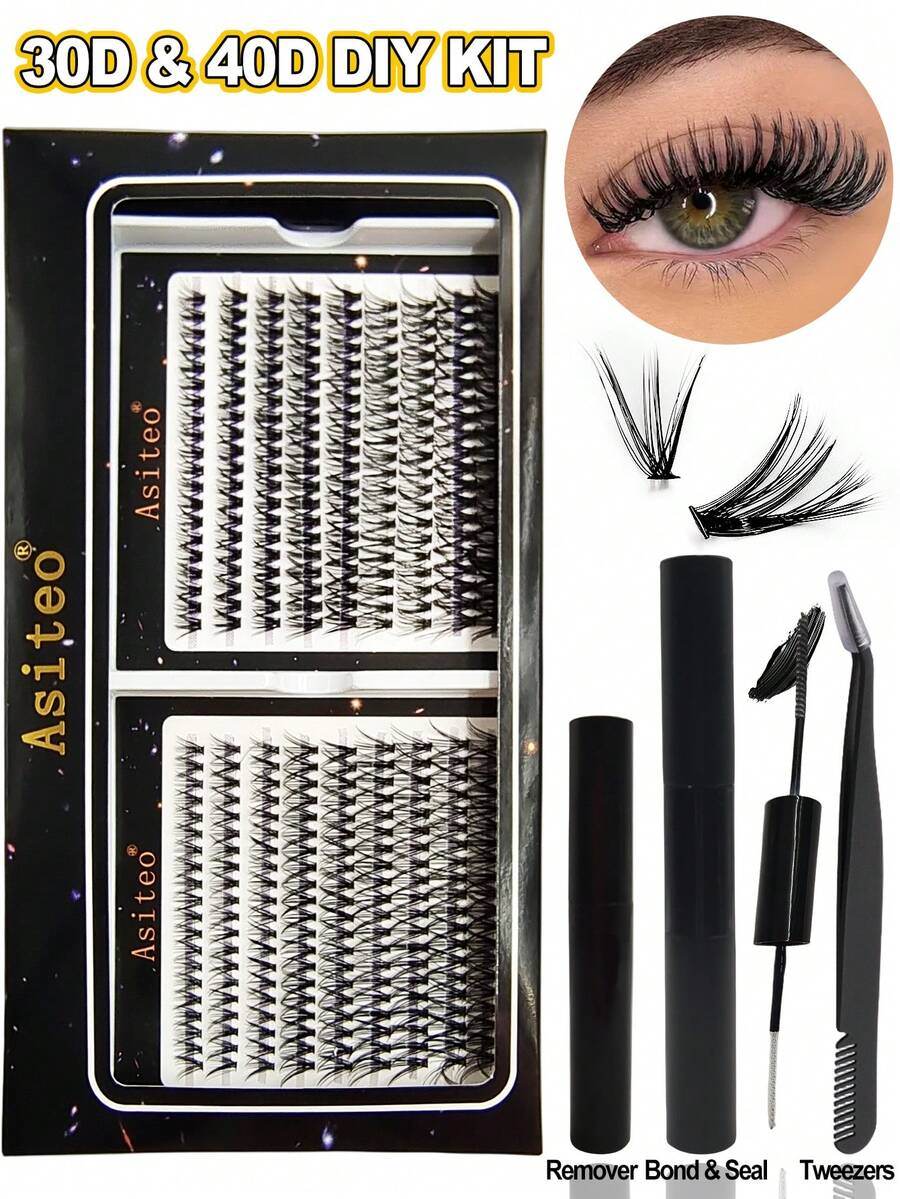 Asiteo 360 Cụm DIY Nối dài mi Bộ dụng cụ - Dây da roi Các cụm Với Và Niêm phong Keo dính Để loại bỏ Dây da roi Cái nhíp 30 40D Dây da roi Các cụm C Uốn xoăn Lông mi đơn  Bộ dụng cụ - Nhiều màu - Xem 1