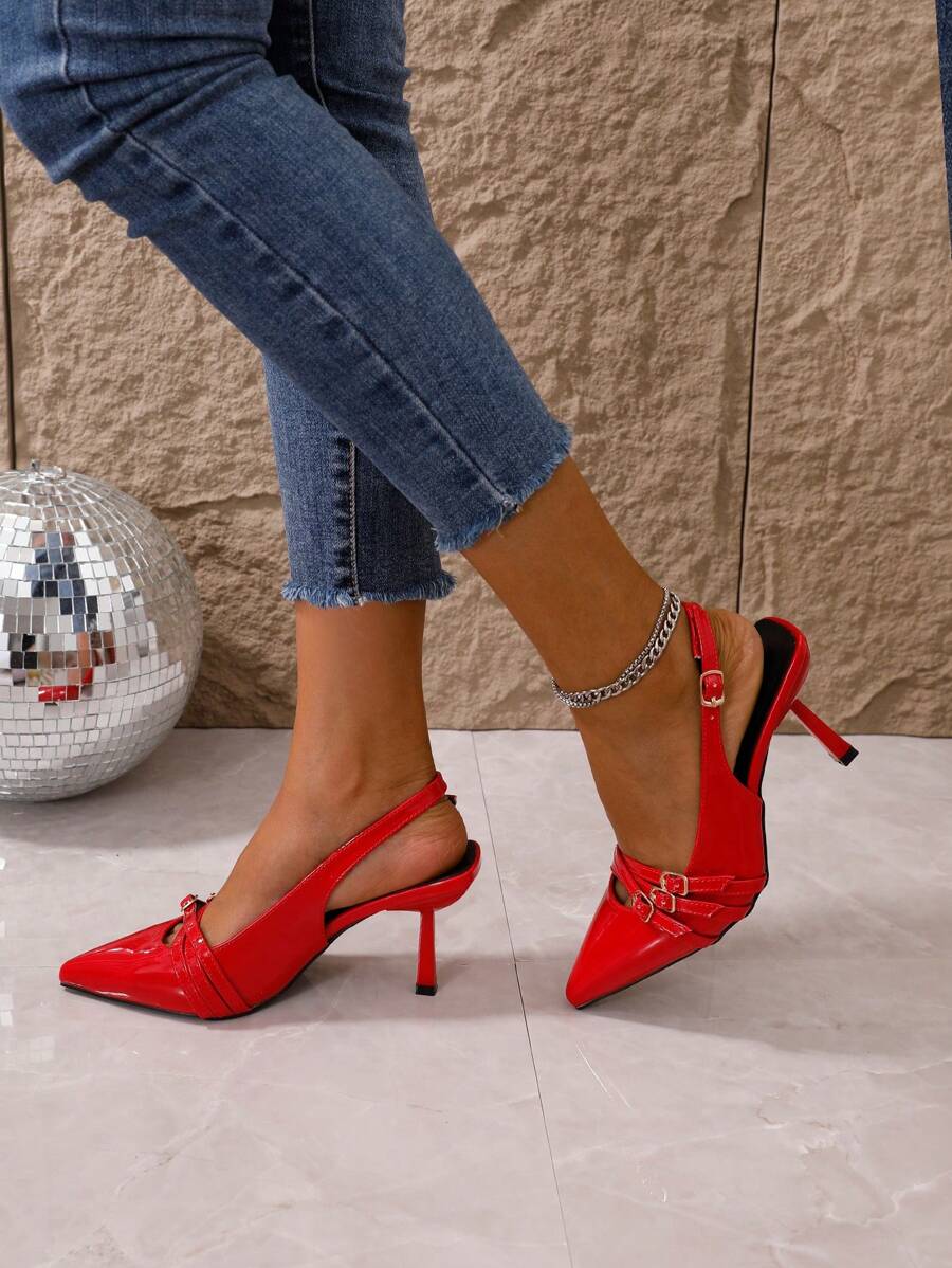 女士潮流扣環鞋，適用於春秋季 - 紅色 - 查看 1