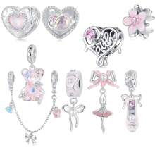 WOSTU 1颗925纯银芭蕾舞女孩心形珠子或芭蕾舞鞋蝴蝶结扣珠链天鹅吊坠珠，适合女性DIY手链和项链，精美珠宝礼品，粉色系列，婚礼新娘珠宝 - 淺粉色 - 查看 13
