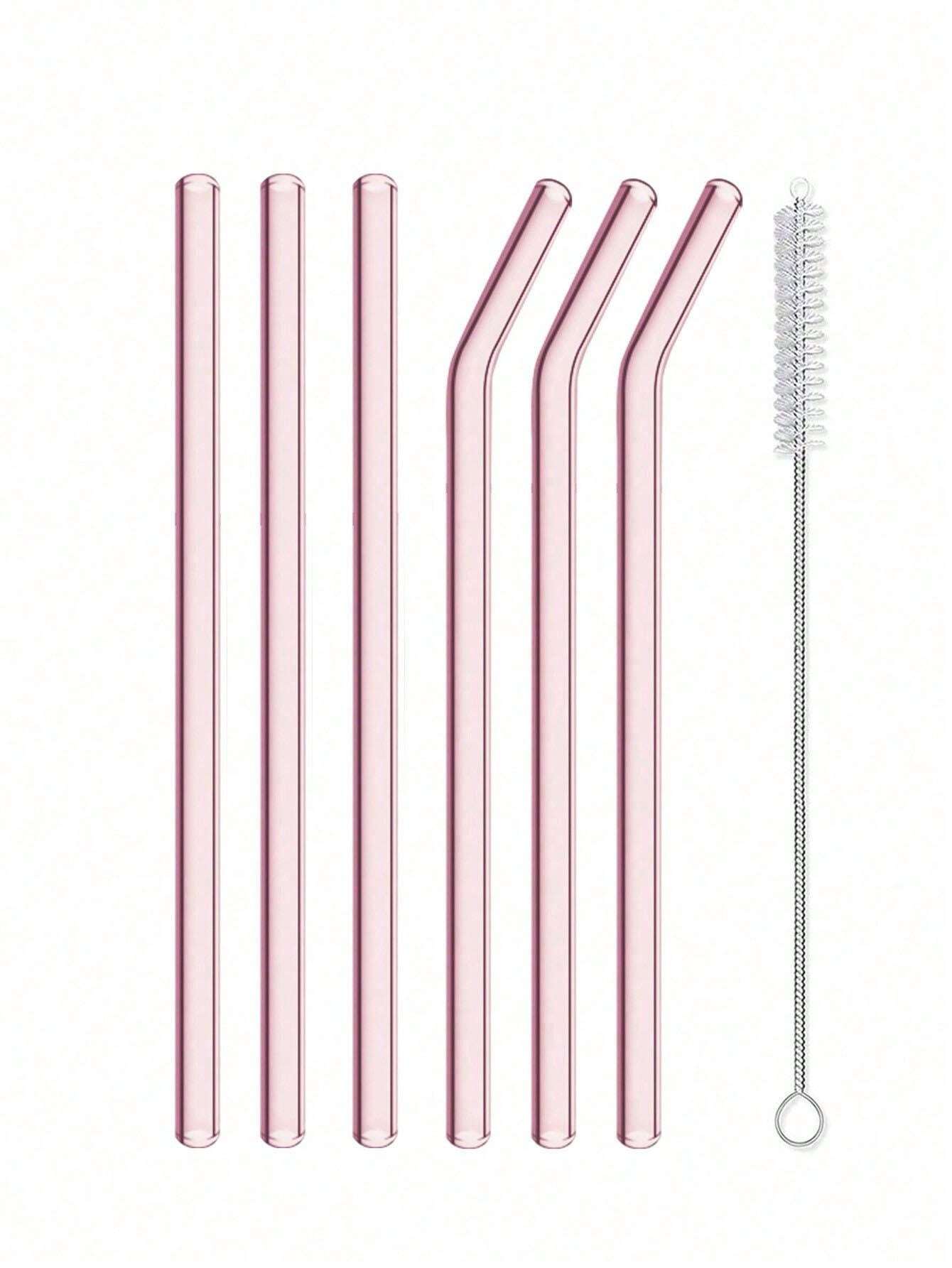 6pcs Clear Glass Straws Set With Cleaning Brush For Coffee, Beverages