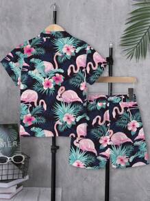 Tween Boy Summer Loose Short Sleeve Casual Hawaiian Beach Shirt And Shorts Set