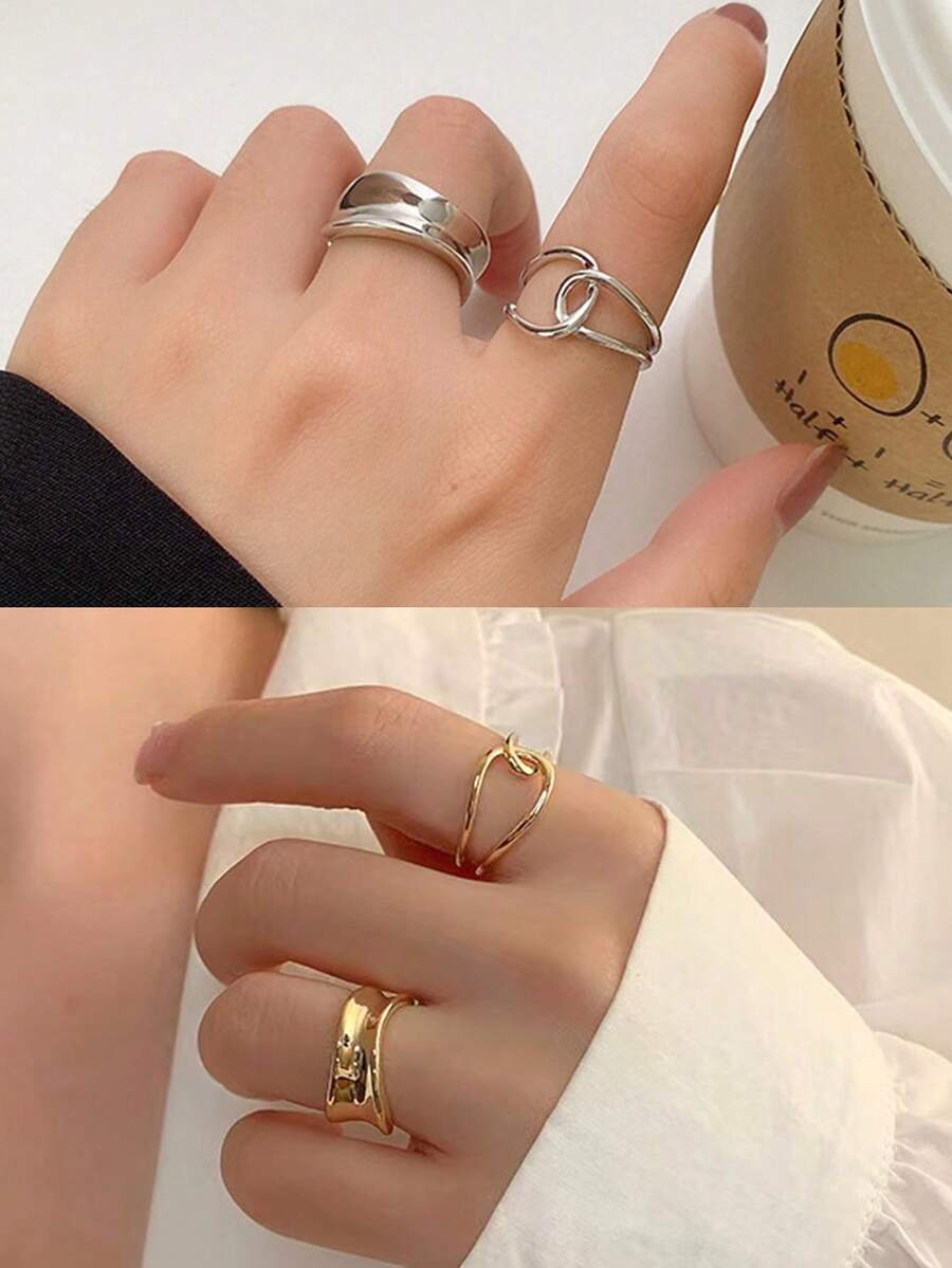 2入組女士幾何十字戒指,適用於日常穿著 - 銀色 - 查看 1