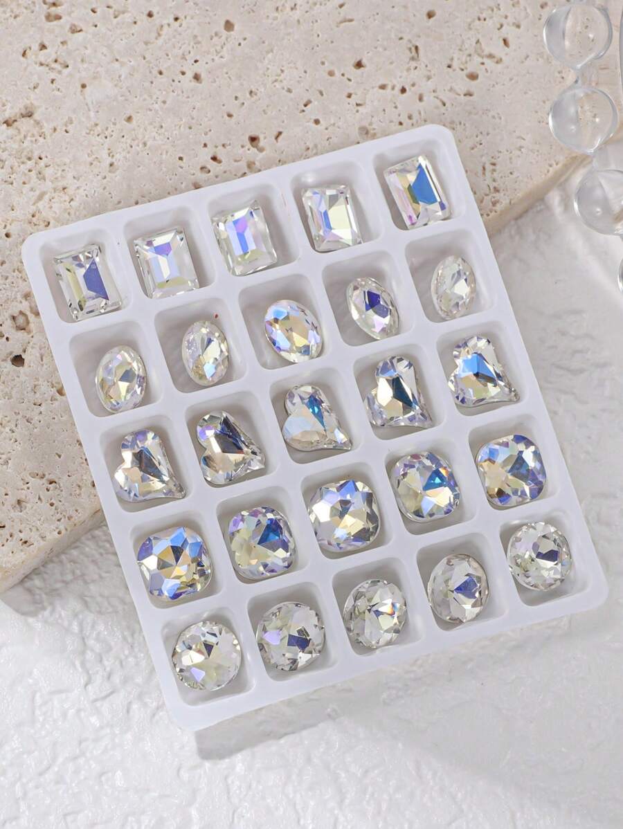 25 件/盒超闪亮美甲尖底水钻、混色扭曲心形、粗方形、不对称形状水钻套装盒 DIY 指甲饰品指甲宝石美甲用品指甲