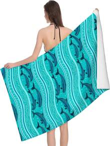 1片海浪和海豚印花微纖毛巾,適合游泳,露營,運動,海灘或健身,有多種尺寸可選 - 彩色 - 查看 2