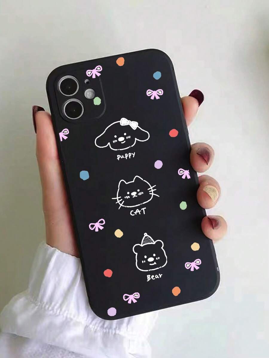 1pc Black Shockproof Cartoon Animal Pattern Painted Phone Case Compatible With Iphone 15 Pro Max,International Version, Not The Domestic Version - Multicolor - View 1