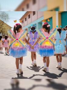 Disfraz Desfile Primavera Alas Con Diamantina Glitter + Tutú De Tul + Diadema Y Varita De Mariposa Colores Metálicos Tornasol 4 Pzas Grupo Carnavallia - Multicolores - Ver 4