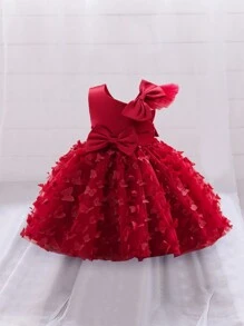 Baby Girl Sleeveless Butterfly Applique Tulle Puff Dress, Suitable For Wedding Flower Girl, Does Not Include Headband - Burgundy - View 3