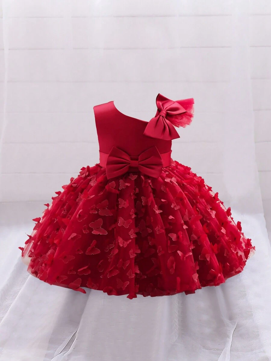 Baby Girl Sleeveless Butterfly Applique Tulle Puff Dress, Suitable For Wedding Flower Girl, Does Not Include Headband - Burgundy - View 1