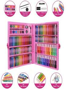 1 Caixa Conjunto De Ferramentas De Pintura Com 168 Peças Selecionadas Aleatoriamente, Incluindo Lápis De Cera, Lápis De Cor, Canetas De Aquarela, Etc. Adequado Para Crianças E Designers De Arte - Rosa chiclete - Visão 8