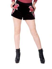 Short de Terciopelo Bordado con Cierre Invisible Posterior - Negro - Ver 1