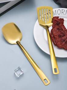 1/2pcs Stainless Steel Cooking Spatulas For Serving, Cooking And Stirring At Home Or Restaurant Parties, Suitable For Kitchen Cooking, Restaurant Gathering Or Buffet Style Meals - Gold - View 9