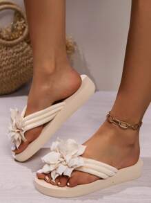Summer New Thick Sole Slippers, Open Toe Slip-On Light & Comfortable Flip-Flops, Solid Color Large Sizes 36-45, Floral Beach Sandals - Beige - View 4