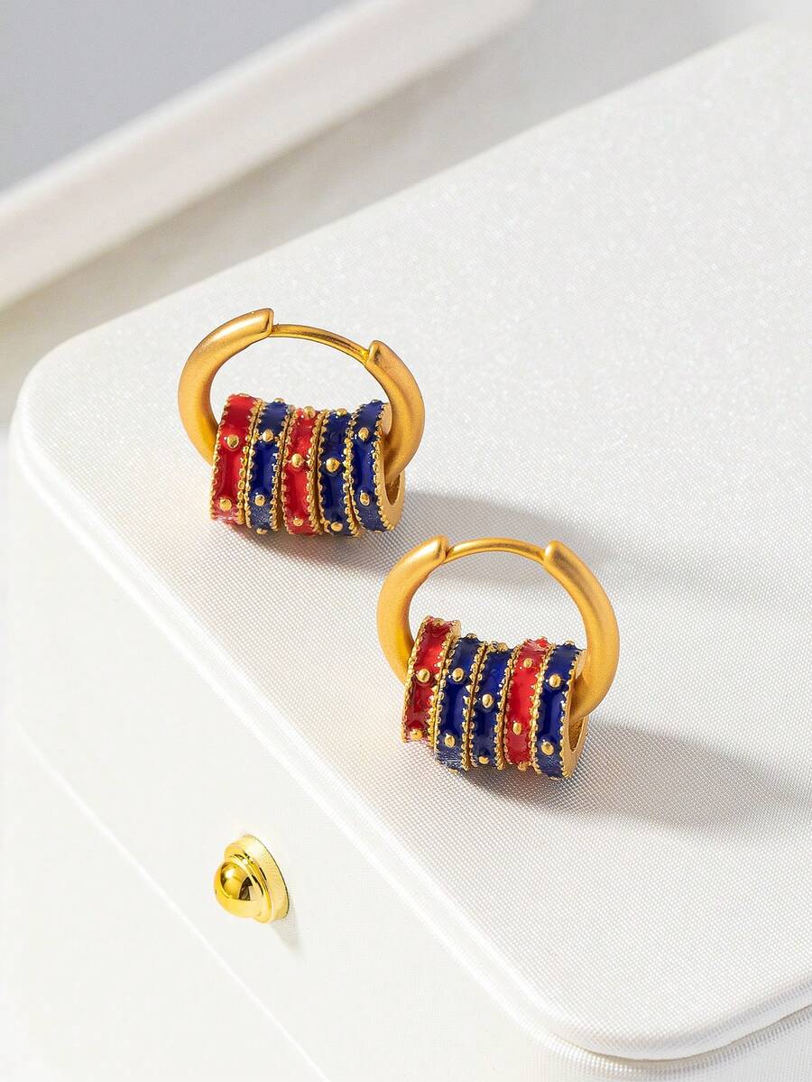1 Cặp bông tai tròn hình cỏ ba lá tráng men nhiều màu sắc bằng hợp kim đồng Macaroon Series & hình học, thời trang & đa năng dành cho phụ nữ, bông tai tự làm tùy chỉnh, quà tặng cho Ngày của Mẹ - đỏ xanh - Xem 1