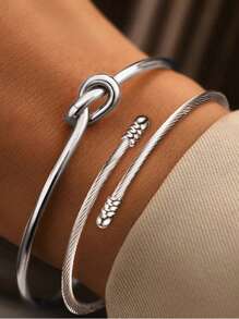 2pcs Fashionable Vintage Braided & Twisted Texture Stainless Steel Open Cuff Bracelet For Women's Everyday Wear