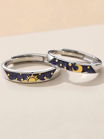 2入組/套時尚鋅合金太陽和月亮細節戒指適用於情侶日常裝飾