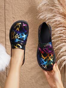 女士專利皮革方頭塗鴉風瑪莉珍鞋,厚底綁帶休閒鞋,鞋底和鞋面柔軟舒適 - 黑色 - 查看 5