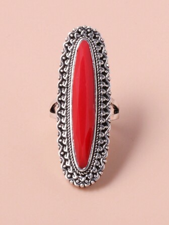 1pc Vintage Antique Silver Plated Red Multi-Faceted Ring, 1pc Retro Magazine Style Large Ring For Women