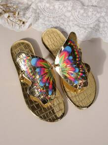 New Arrival Pink Women's Flat Sandals With Fashionable Embroidery Butterfly Flower Design & Toe Ring For Casual Walking - Gold - View 5