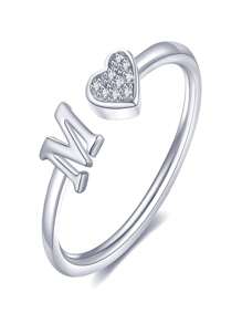 1 件装小心心 A-Z 字母戒指可调节开口戒指首字母名字字母女性派对珠宝情人节 - 銀色 - 查看 19