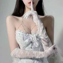 1 件黑色新娘蕾丝手套，长而薄的袖子，道具和配件白色袖子用于摄影道具，红色长蕾丝手套情人节情人节秋季配饰 - 彩色 - 查看 3