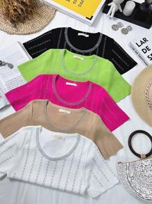 Blusa Cropped Feminina T-shirt Manga Curta Com Strass Brilho