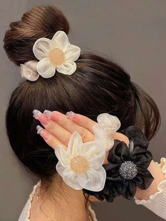 2个蕾丝网纱花朵发圈，返校马尾辫