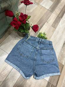 Women Denim Shorts - 中等水洗藍 - 查看 2