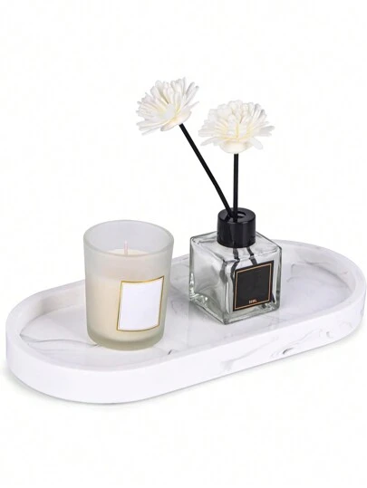 3M 1 st marmorvit oval bricka, badrumsbricka, kökstvålhållare, parfymljus smyckeorganisatör för bänkskiva eller handfat heminredning badrumsorganisatör höstdekor sminkorganisatör tillbaka till skolan