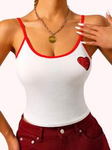 1件對比心形亮片肩帶背心白色背心上衣,休閒多用途鋼絲帶織物 - 白色 - 查看 1