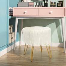 Faux Fur Vanity Stool Chair With Metal Legs For Bedroom And Living Room - 白色 - 查看 9