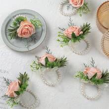 Bộ 6 chiếc hoa cài tay và vòng tay kiểu cô dâu/phù dâu, đính ngọc trai giả và hoa thật, thích hợp cho đám cưới/tiệc tùng/lễ hội, ngày Valentine. - Màu be - Xem 10