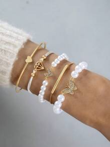 imoli 5pcs/Set Fashionable Oil Drip Devil's Eye Rhinestone Bracelet Set For Women, Party Gift (Chain Length Cut To Size, Slight Variation In Eye Bead Count And Oil Painting Color) - 25977-a - View 10