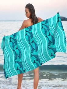 1片海浪和海豚印花微纖毛巾,適合游泳,露營,運動,海灘或健身,有多種尺寸可選 - 彩色 - 查看 1