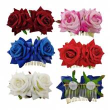 新娘发梳配天鹅绒面料玫瑰发夹头饰，双玫瑰发梳，适合情人节盘发 - 多色 - 查看 7