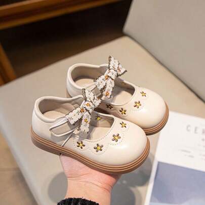 Princess Style Soft Bottom Baby Shoes With Bow Knot, Flower Decor Everyday Girls' Flat Shoes