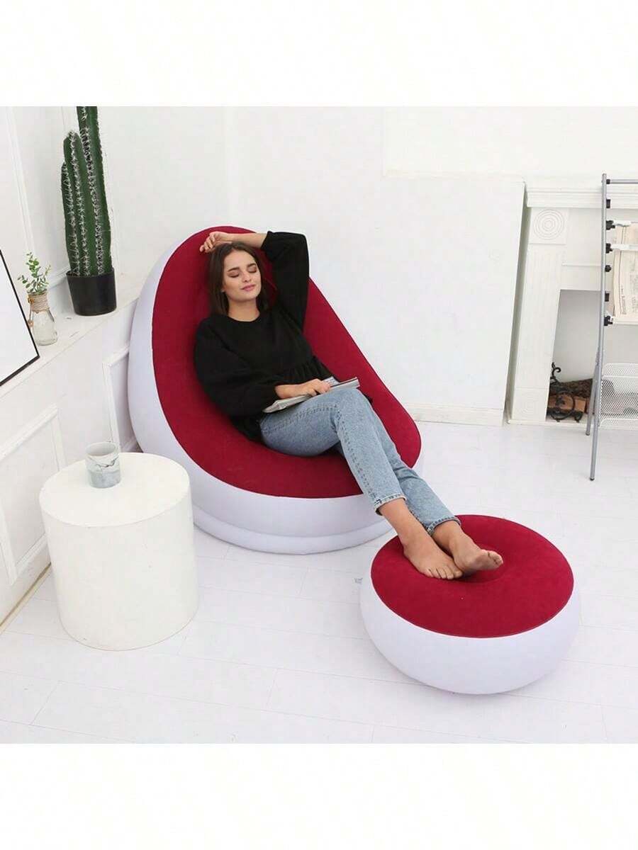 PVC puff lazy Sofa inflable silla sillones inflables con reposapies para ocio descanso pedal sillon gamer inflable colchon de aire silloninflable spa portatil jardin uso rudo de inflables sofá flocado con cojín inflable para los pies, apto para el hogar o el descanso. - Rojo - Ver 1