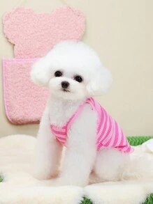 1件草莓和条纹刺绣宠物时尚粉色吊带背心