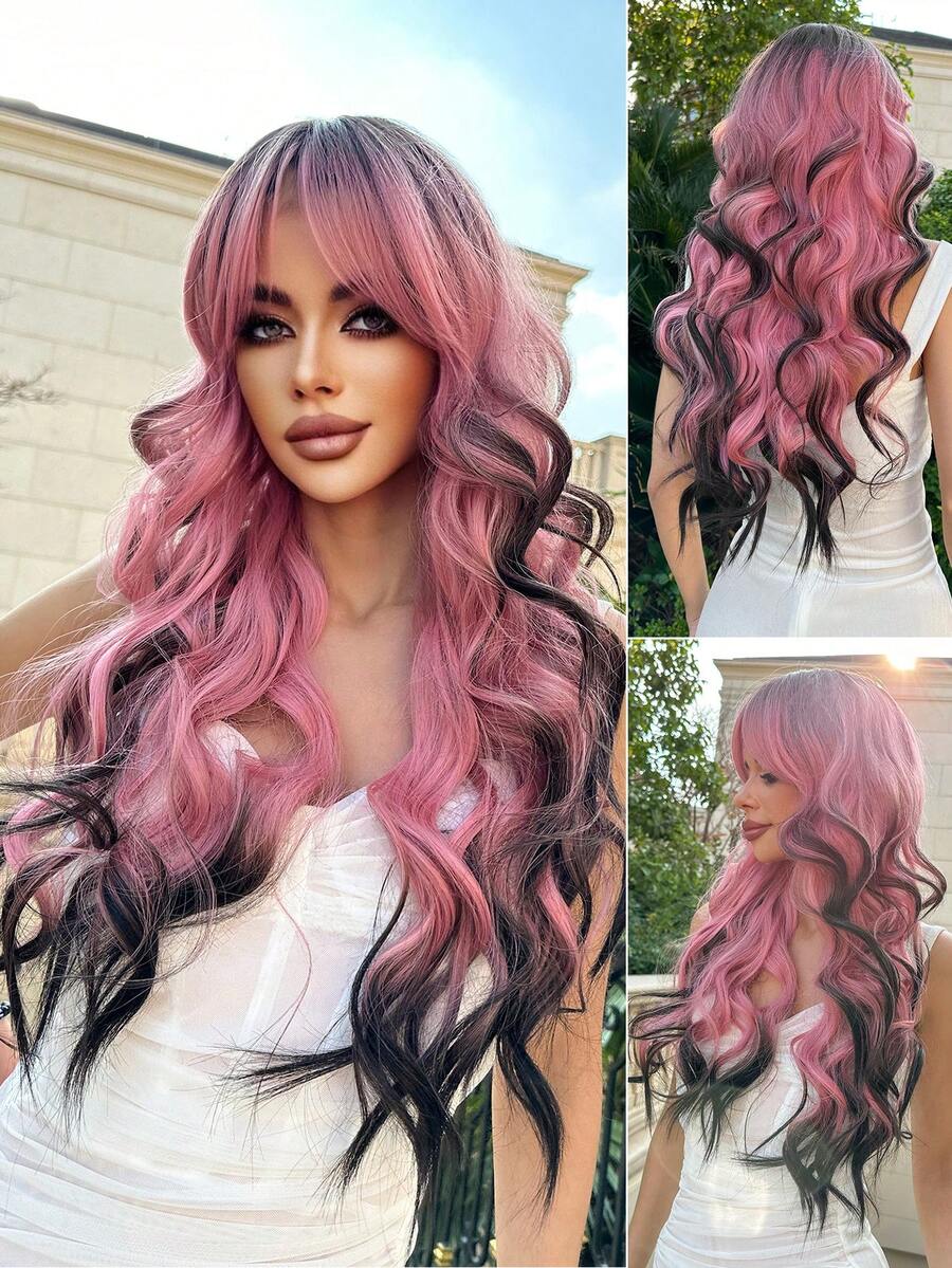 帶瀏海的水波紋漸層假髮,28英寸耐高溫合成纖維長波浪深波浪,適合女士女孩派對日常使用 - 彩色 - 查看 1