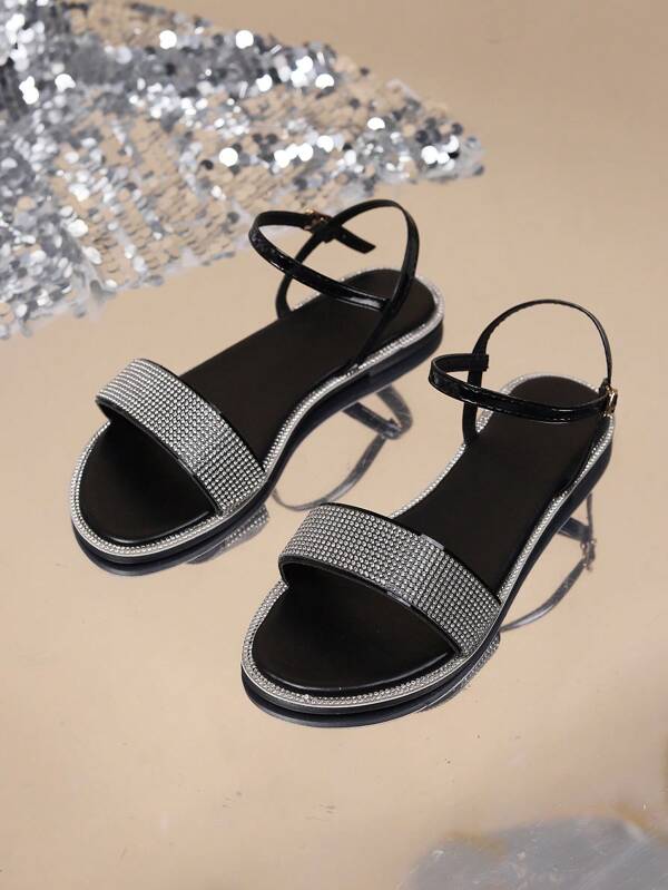 New Teen American-European Style Rhinestone Decorated Slip-On Flat Sandals For Girls, Anti-Skid, Perfect For Outdoor Or Beach In Summer