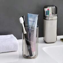 1pc Portable Travel Toothbrush Holder Set, With Covered Rinse Cup, Toothpaste Container, Travel Essential Bathroom Accessories - Gray - View 3