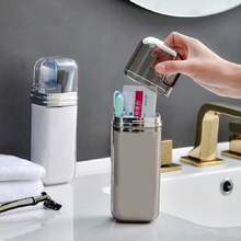 1pc Portable Travel Toothbrush Holder Set, With Covered Rinse Cup, Toothpaste Container, Travel Essential Bathroom Accessories - Gray - View 2