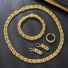 4件金飾品套裝適用於女士和女孩,精美的吊墜耳環,優雅的指環,18k手鐲和項鍊,完美的時尚周年慶生日派對禮物,時尚的珠寶套裝 - 項鍊手鍊套裝 - 查看 1