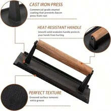 1pc Cast Iron Grill Press, Heavy-Duty Wooden Handle Bacon & Burger Press, Rectangular Hamburger & Sausage Maker, Steak Weights, Sandwich Grill, Non-Stick Pan - Black - View 7